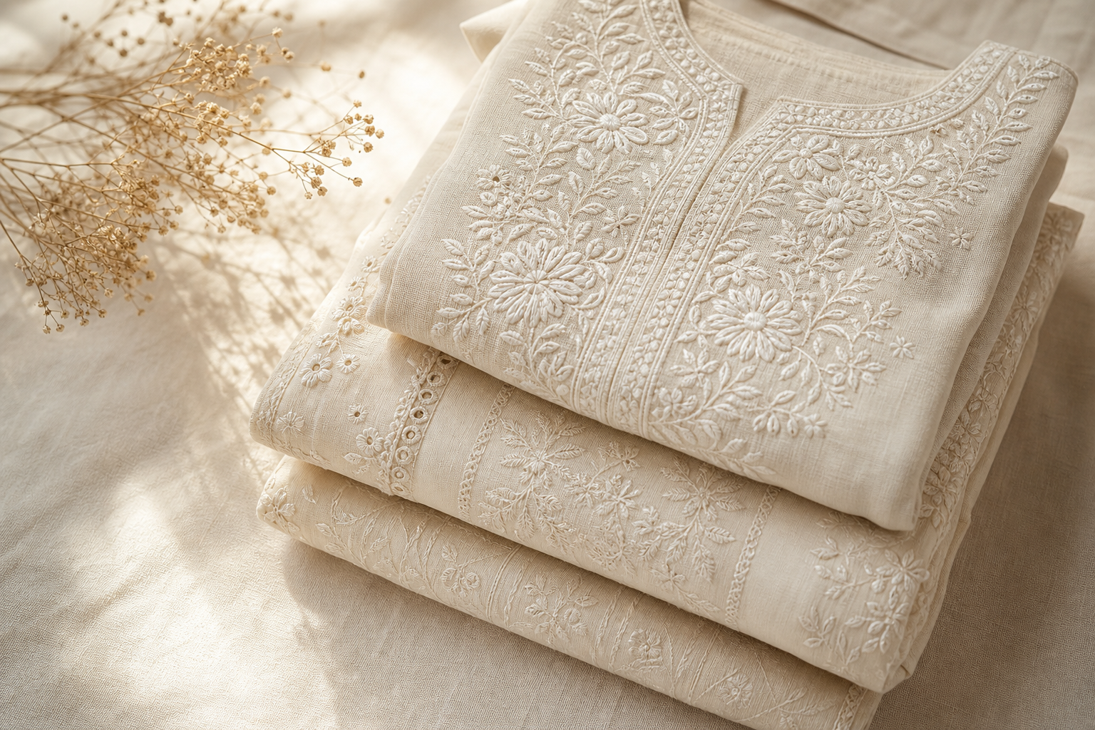 Folded stack of ivory Chikankari embroidered garments